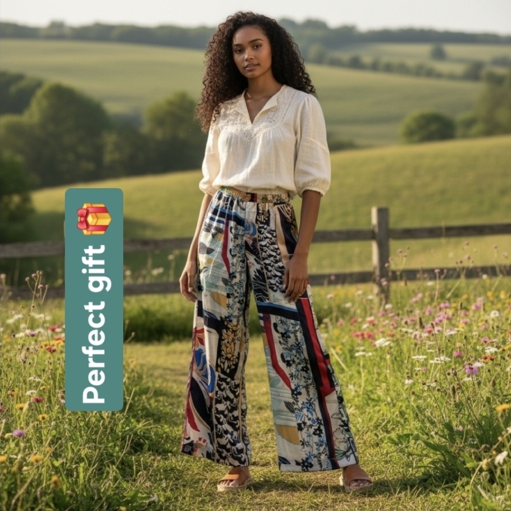 🎁NWT Micas Abstract Patchwork Wide Leg Trousers … - image 2